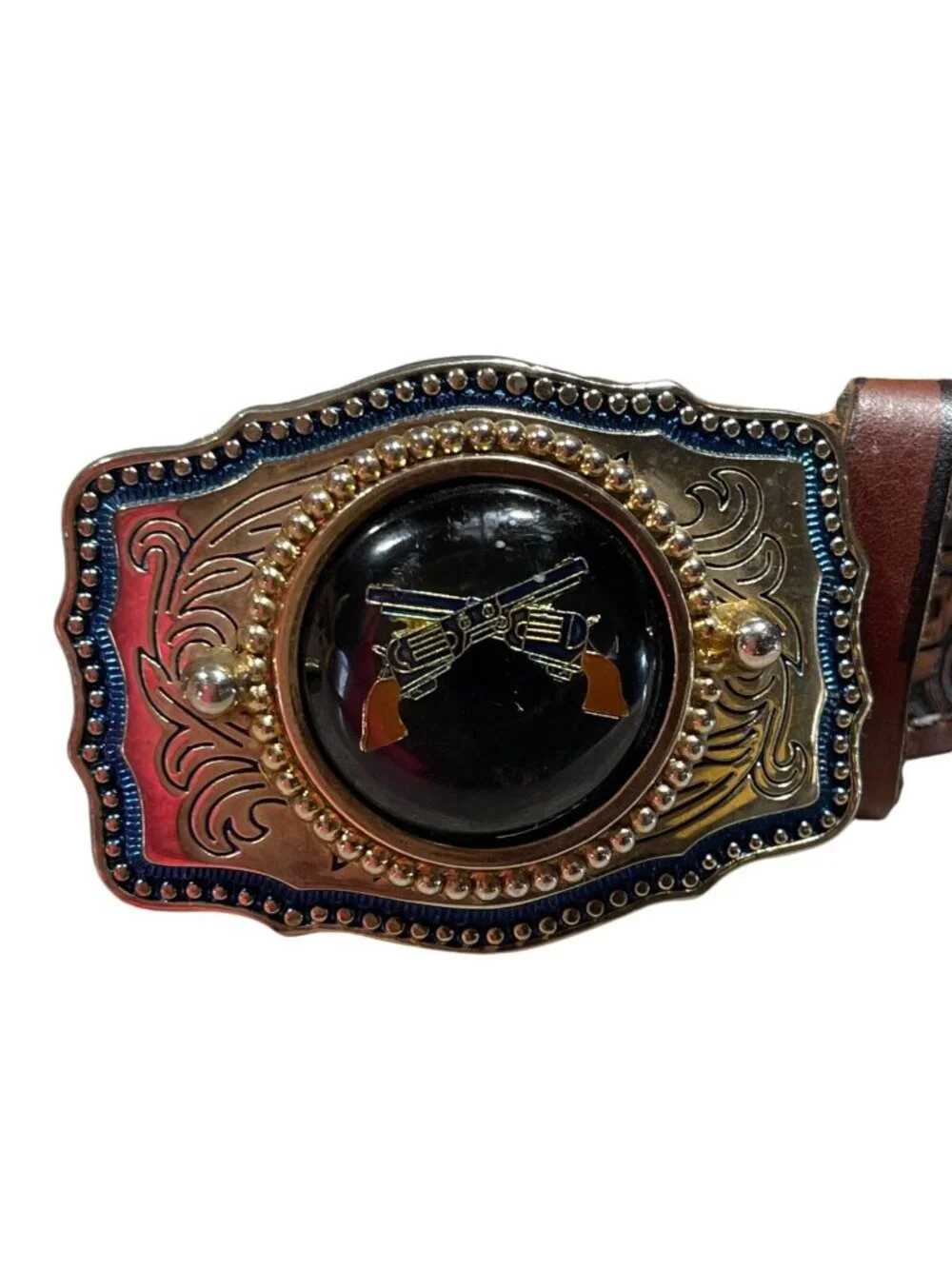 Vintage Guns Buckle Hologram Semi Trucks Leather Tooled Belt 'Bill' Size 36 - Picture 2 of 11